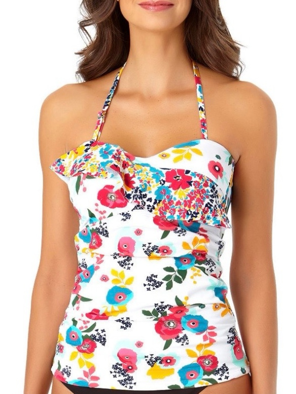 Liz Claiborne Floral Ruffle Tankini Swimsuit Top White Multi NWT $49